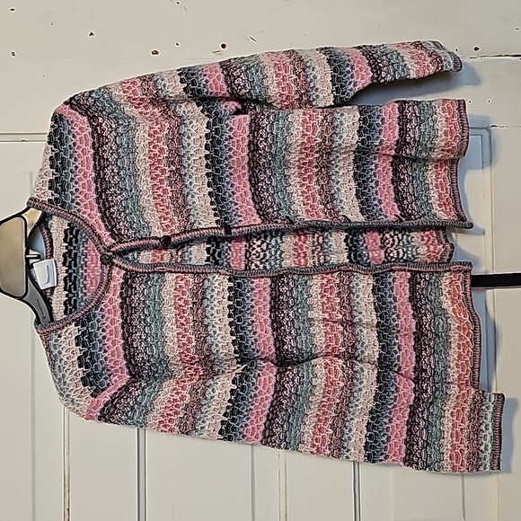 Koret Sweaters - Koret Cottagecore Women's Petite Pink Blue Striped Lambswool Cardigan